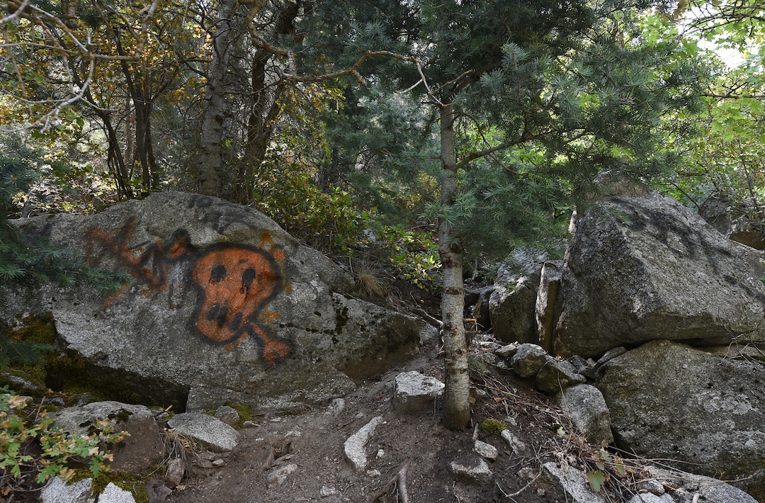 (Francisco Kjolseth  |  The Salt Lake Tribune)  Graffiti has proliferated in lower Little Cottonwood Canyon, where vandals, often wielding cans of fluorescent-colored spray paint, have covered granite faces, trees and structures. The vandalism is particularly apparent along the Temple Quarry Trail and the creek at the Moon Rock swimming hole and former pavilion site. Volunteers using donated equipment and solvents spend thousands of hours removing the paint from the rocks only to see graffiti return to the same faces or on rock nearby.
