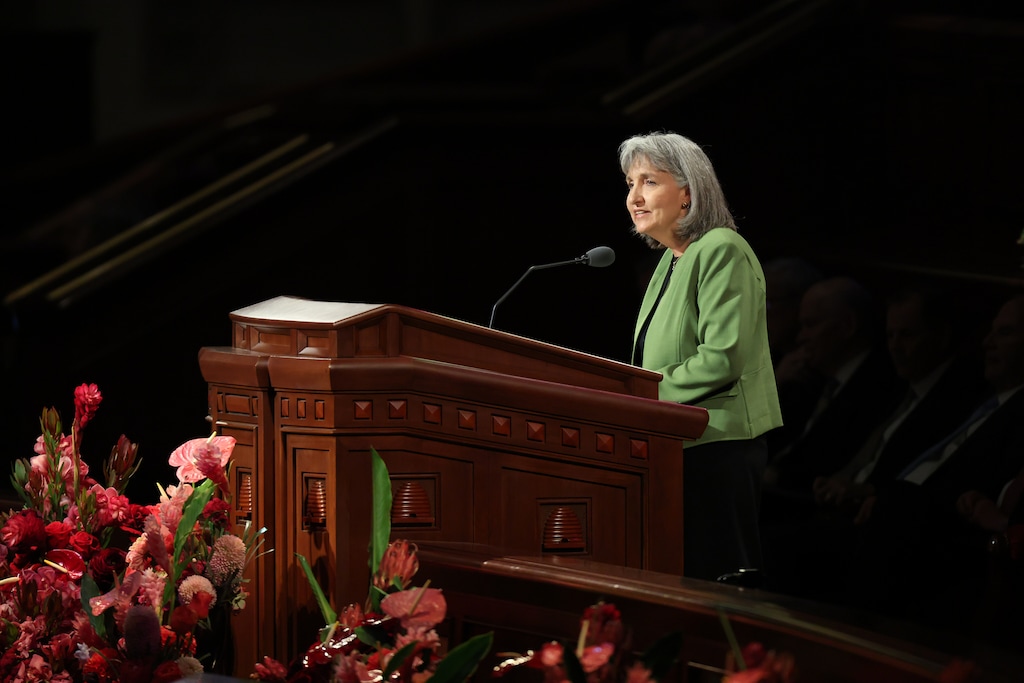 (The Church of Jesus Christ of Latter-day Saints) J. Anette Dennis, first counselor in the general Relief Society presidency, speaks during the evening session of General Conference of The Church of Jesus Christ of Latter-day Saints at the Conference Center in Salt Lake City, Saturday, Oct. 4, 2025.