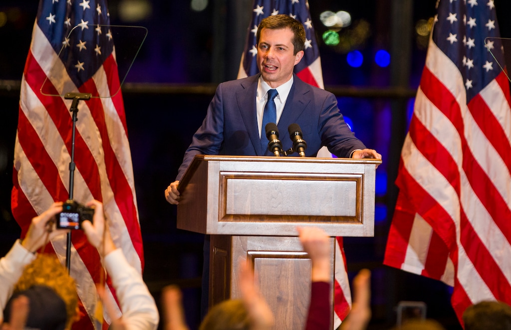 (Santiago Flores | South Bend Tribune via AP) Former South Bend Mayor Pete Buttigieg speaks in an announcement of his ending the campaign for president, in South Bend, Ind., Sunday, March 1, 2020.