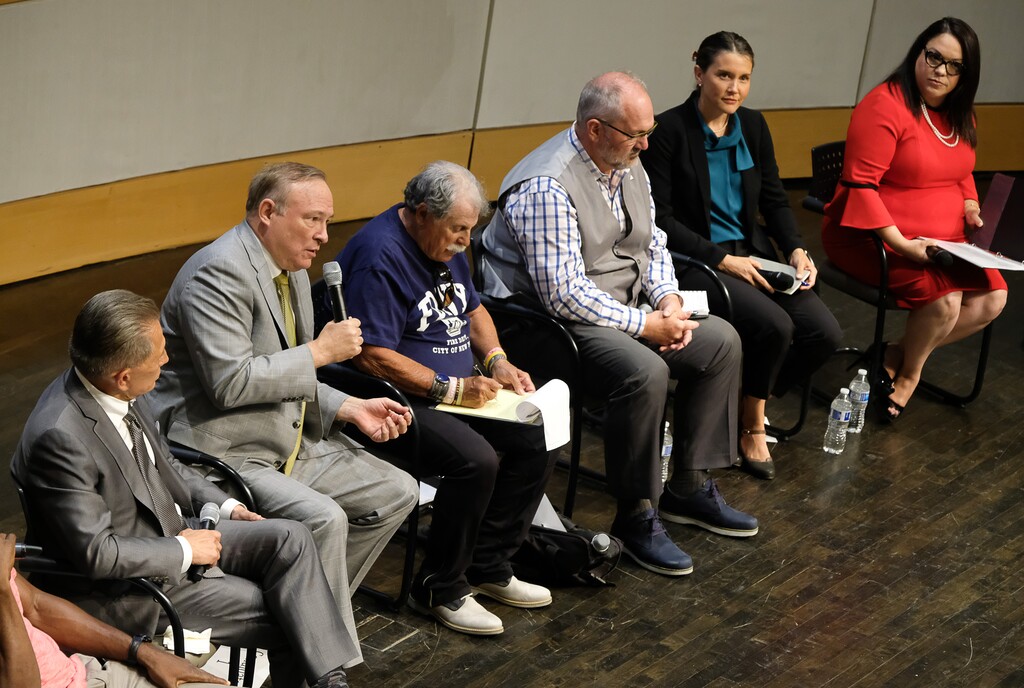 (Francisco Kjolseth | Tribune file photo) Six of the eight primary election candidates for Salt Lake City mayor gather for a debate at the Salt Lake City Library on Wednesday, June 26, 2019. From left: David Ibarra, Jim Dabakis, Richard Goldberger, Stan Penfold, Erin Mendenhall and Luz Escamilla.