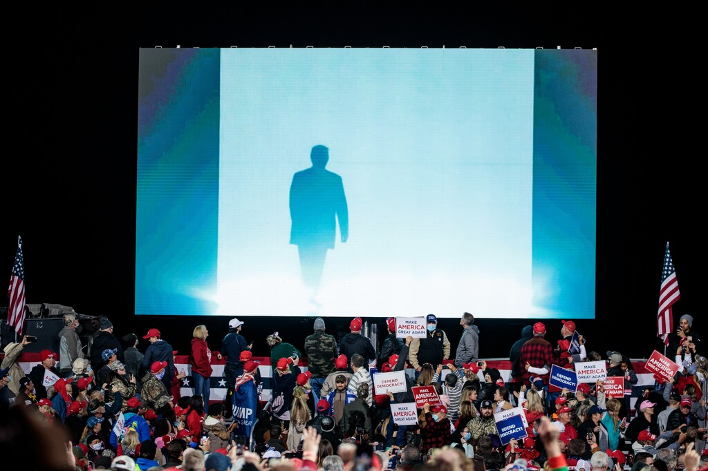 (Damon Winter | The New York Times)
A video of Donald Trump screens during a Republican National Committee rally in Valdosta on Dec. 5, 2020, during the runoff campaigns in Georgia. Republicans refused to convict Trump on impeachment charges and ban him from running for public office. Now they're living with the consequences, Maureen Dowd writes.