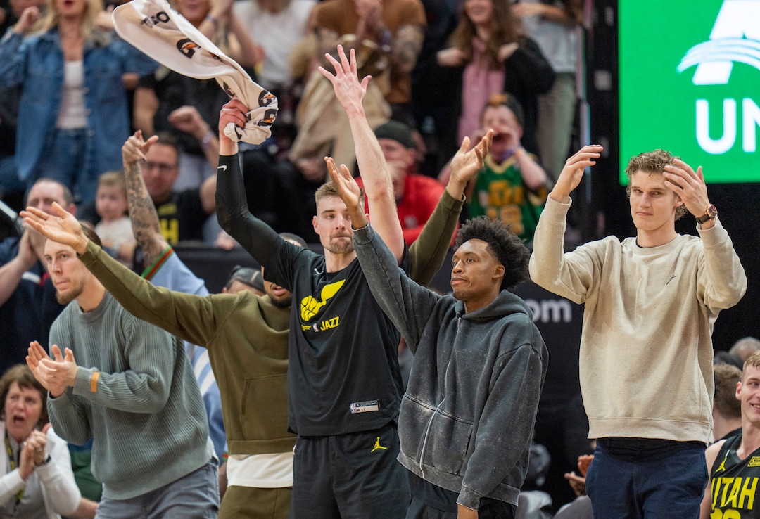 (Rick Egan | The Salt Lake Tribune) in The Jazz bench try to get the crowd on their feet as the Jazz take the lead in the final minutes of the game, in NBA action between the Utah Jazz and the Denver Nuggets at Vivint Arena,  Saturday, April 8, 2023.