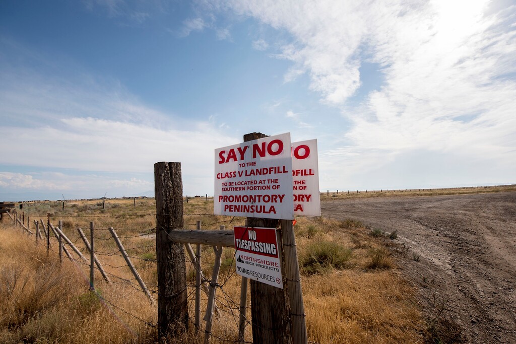(photo courtesy Chris Federer)  Sign advocating against class 5 landfill posted on Promontory Point. 