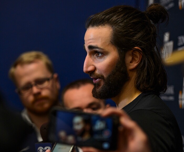 (Steve Griffin  |  The Salt Lake Tribune)  Utah Jazz guard Ricky Rubio (3) talks with he media following the Utah Jazz practice at the Zions Bank Basketball Campus in Salt Lake City Friday April 13, 2018.