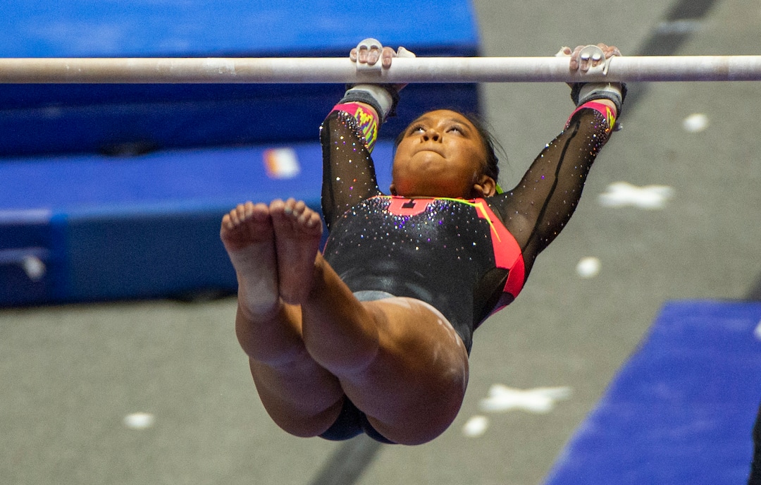 (Rick Egan | The Salt Lake Tribune) Alani Sabado competes on the uneven bars for Utah, in PAC-12 gymnastics action Utah vs Arizona, at the Huntsman Center on Saturday, Jan. 23, 2021.