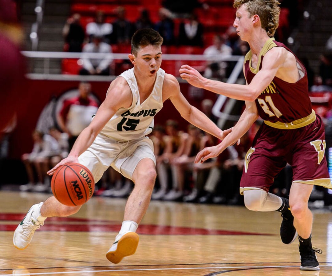 (Trent Nelson | The Salt Lake Tribune)  Viewmont vs. Olympus, 5A State high school basketball tournament at the Huntsman Center in Salt Lake City, Wednesday Feb. 28, 2018. Olympus's Rylan Jones (15) and Viewmont's Kendall Draxler (21).