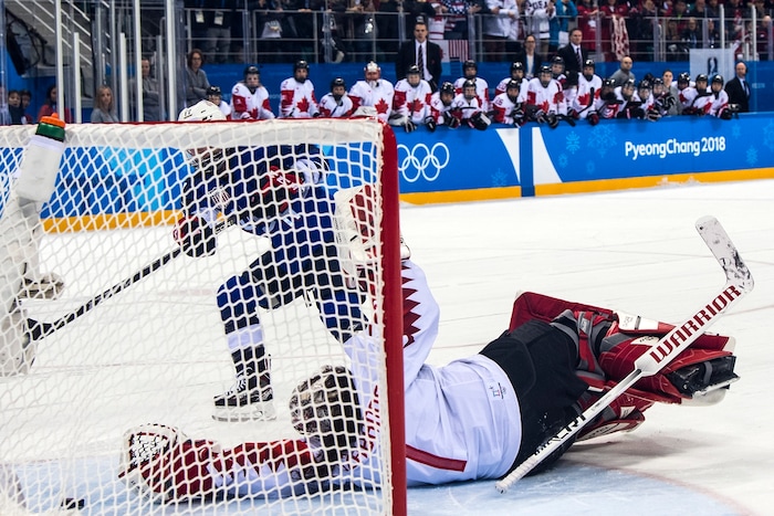 (Chris Detrick  |  The Salt Lake Tribune) United States forward Jocelyne Lamoureux-Davidson (17) shoots past Canada goaltender Shannon Szabados (1) during the Women's Gold Medal Game at Gangneung Hockey Centre during the Pyeongchang 2018 Winter Olympics Thursday, Feb. 22, 2018. United States defeated Canada 3-2 in a shootout victory. 