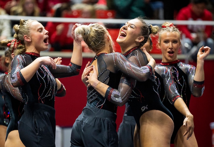 (Rick Egan | The Salt Lake Tribune)  Makenna Smith performs on the floor, in gymnastics action between Utah  Red Rocks and Oregon State, at the Jon M. Huntsman Center, on Friday, Feb. 2, 2024.