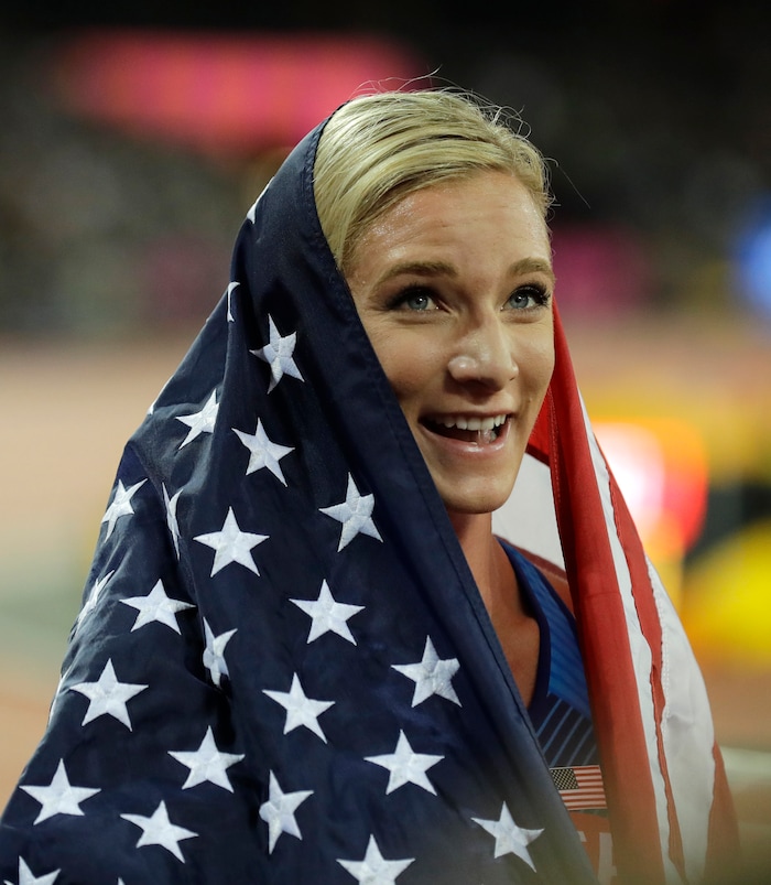 United States' Emma Coburn celebrates after winning the Women's 3000 meter steeplechase final during the World Athletics Championships in London Friday, Aug. 11, 2017. (AP Photo/Tim Ireland)
