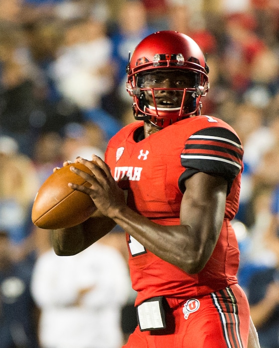 (Rick Egan  |  The Salt Lake Tribune)   Utah Utes quarterback Tyler Huntley (1) looks to   pass, in football action BYU vs Utah, at Lavell Edwards Stadium in Provo, Saturday, September 9, 2017.