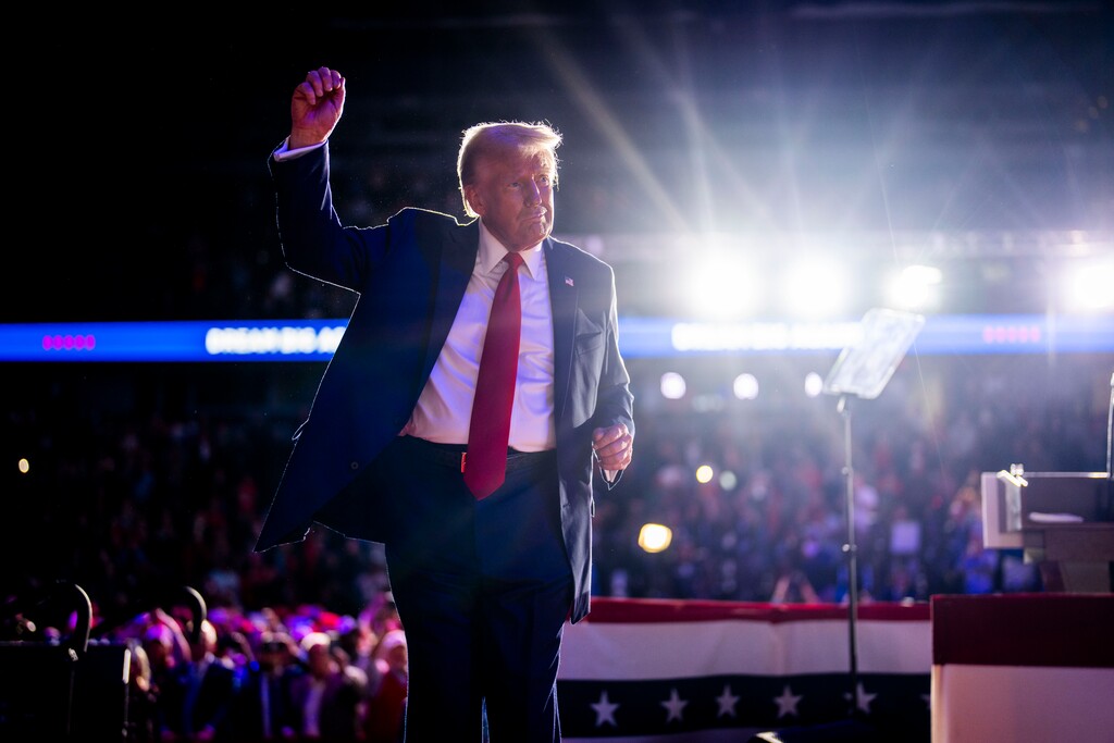 (Doug Mills | The New York Times) Former President Donald Trump, the Republican presidential nominee, holds his final campaign rally in Grand Rapids, Michigan, after midnight on Tuesday morning, Election Day, Nov. 5, 2024.