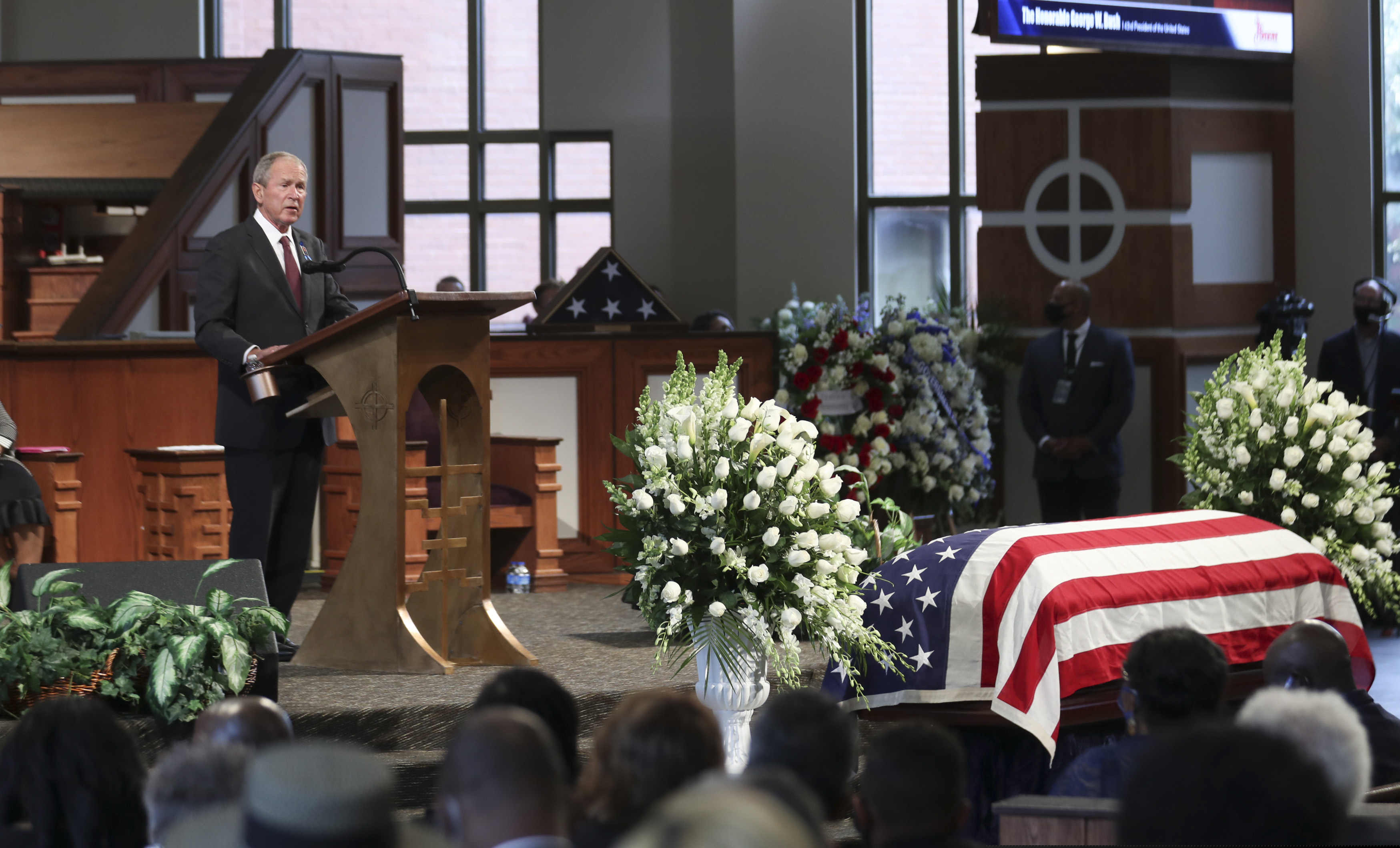 Former President George W. Bush speaks during the funeral service for the late Rep. John Lewis, D-Ga., at Ebenezer Baptist Church in Atlanta, Thursday, July 30, 2020.  (Alyssa Pointer/Atlanta Journal-Constitution via AP, Pool)
