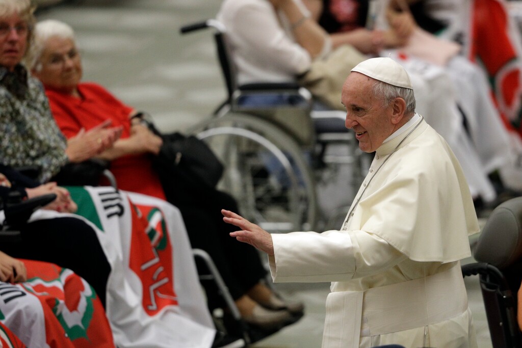 (AP Photo/Gregorio Borgia) Pope Francis meets with members of an Italian association fighting muscular dystrophy at the Vatican, Saturday, June 2, 2018.