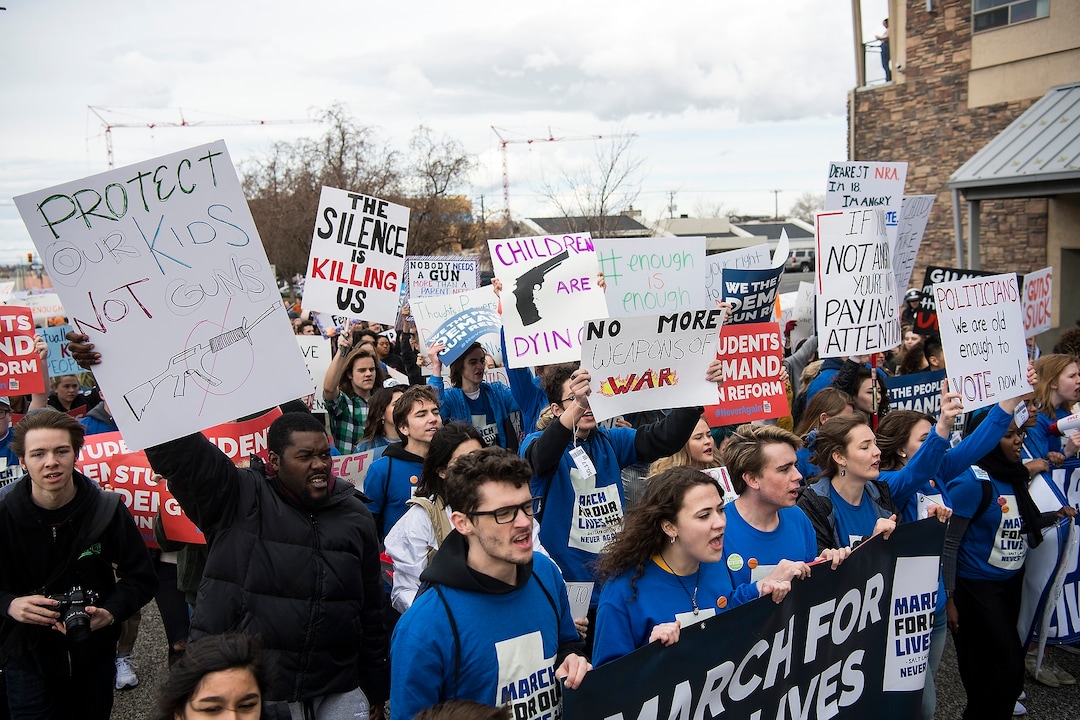 (Chris Detrick  |  The Salt Lake Tribune)  Participants march from West High School to the state Capitol during the March for Our Lives SLC Saturday, March 24, 2018. The student-led March for Our Lives SLC got underway about 11:30 a.m. with what police estimated were 8,000 participants walking from Salt Lake City’s West High School to the front steps of the state Capitol.