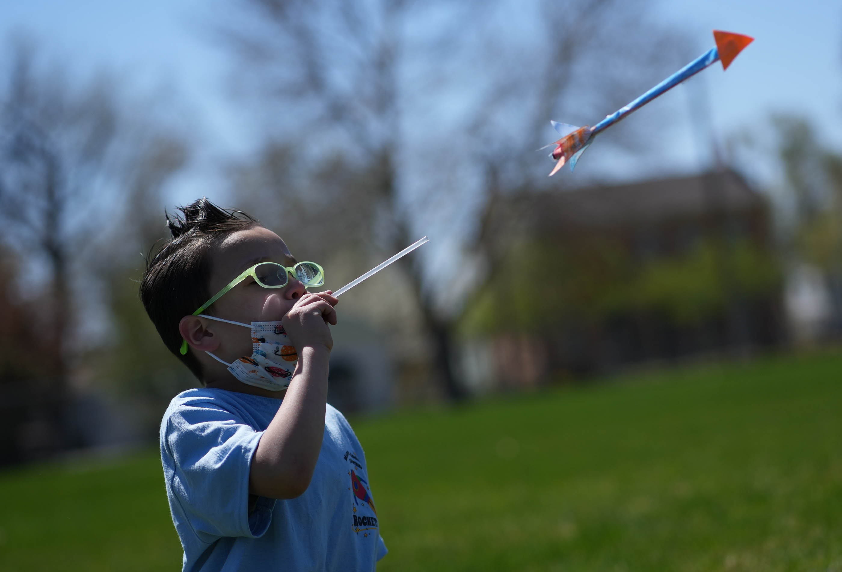 (Francisco Kjolseth  | The Salt Lake Tribune) Mary W. Jackson Elementary first grader Cruz Dominguez, 6, launches his straw rocket as students commemorate their school’s namesake’s 100th birthday on Friday, April 9, 2021, with a special science lesson in the mechanics of rocket building. Salt Lake City’s oldest elementary school was renamed in 2018 in honor of the the first African American female engineer at NASA, with students recently voting to change their mascot to “The Rockets.”