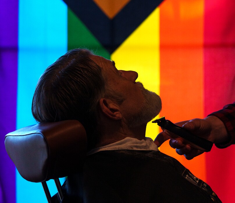 (Leah Hogsten | The Salt Lake Tribune) Larry Reed gets a precise beard trimming from Lucero Hair & Wellness stylist Kevin Cannon on Friday, Feb. 10, 2023. Lucero Hair & Wellness aims to be a refuge and safe space for all.