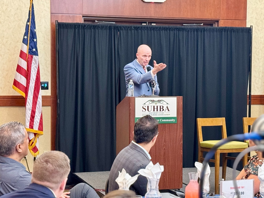 (Mark Eddington | The Salt Lake Tribune) Gov. Spencer Cox put the housing crisis in stark terms and said cities need to do more during remarks in St. George, Tuesday, April 30, 2024.