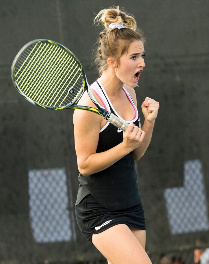(Rick Egan  |  The Salt Lake Tribune) Mackenzie Turley, Davis High, reacts after  after winning the match point, as she defeated Daniella Aaron, Lone Peak, in the 6A High School tennis championship game. Friday, October 6, 2017.



