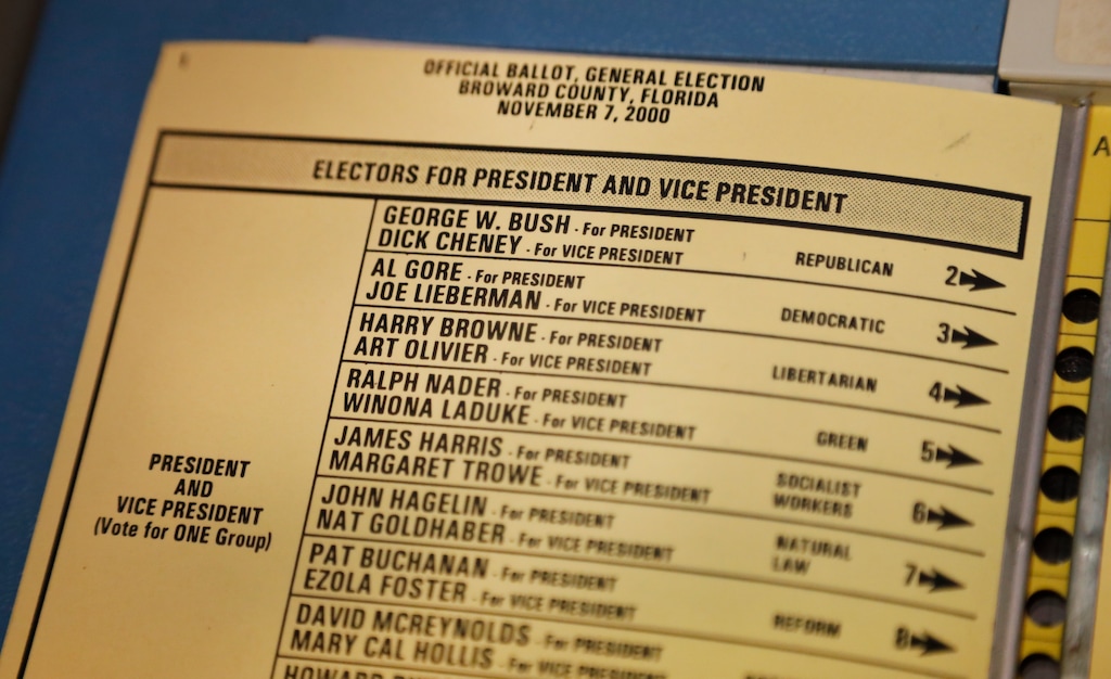 (Wilfredo Lee | AP file photo)
In this Nov. 13, 2018, photo, an original ballot from the 2000 presidential election between George W. Bush and Al Gore is shown during an interview with former Judge Robert Rosenberg, at his office in Plantation, Fla. Rosenberg was on the Broward County Canvassing Board during the 2000 election.