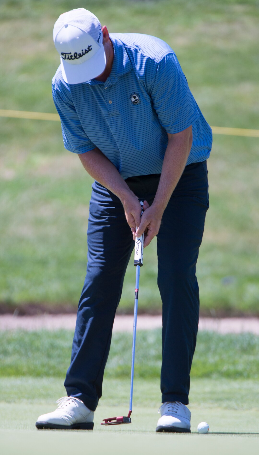 (Rick Egan  |  The Salt Lake Tribune)     Patrick Fishburn from Farr West, UT, putts for a birdie, in second round of the Utah Championship golf event on the Web.com Tour at Oakridge Country Club in Farmington.  Fishburn finished 8 under par, Friday, July 13, 2018.