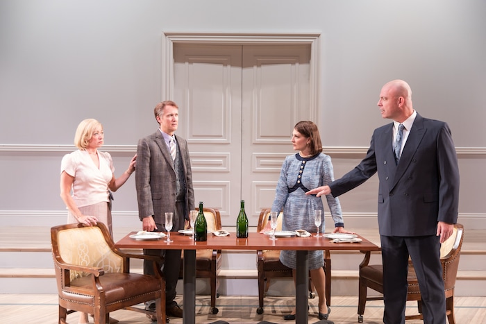 (photo courtesy Pioneer Theatre Company) Married Norwegian diplomats Mona Juul (Kate Middleton, far left) and Terje Rød-Larsen (Jeff Talbott, near left) have dinner with the UN's Marianne Helberg (Susanna Florence, near right) and Norwegian politician Johan Jorgen Holst (Ian Bedford, far right), in  a scene from Pioneer Theatre Company's production of J.T. Rogers' Tony-winning play "Oslo."  The play runs at Pioneer Memorial Theatre from Sept. 14 to 29.
