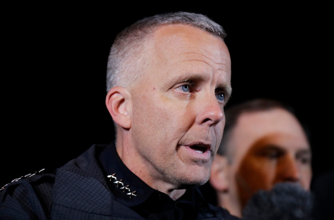 Austin Police Chief Brian Manley briefs the media, Wednesday, March 21, 2018, in the Austin suburb of Round Rock, Texas. The suspect in a spate of bombing attacks that have terrorized Austin over the past month blew himself up with an explosive device as authorities closed in, the police said early Wednesday. (AP Photo/Eric Gay)