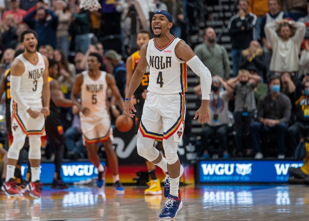 (Rick Egan | The Salt Lake Tribune) New Orleans Pelicans guard Devonte' Graham (4) celebrates his game winning 3-point shot, in NBA action between the Utah Jazz and the New Orleans Pelicans, at Vivint Arena, in Salt Lake City, on Friday, Nov. 26, 2021.