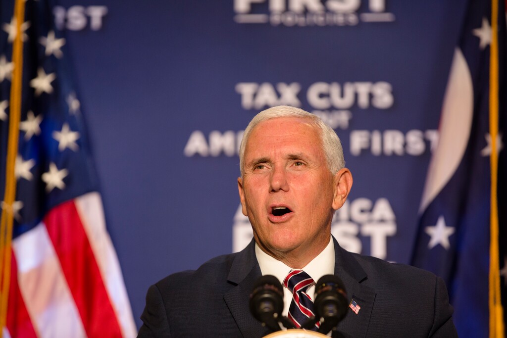 (Albert Cesare | The Cincinnati Enquirer | The Associated Press) Vice President Mike Pence speaks during the Tax Cuts to Put America First event at The Westin in downtown Cincinnati, Ohio, on Tuesday, Aug. 14, 2018.