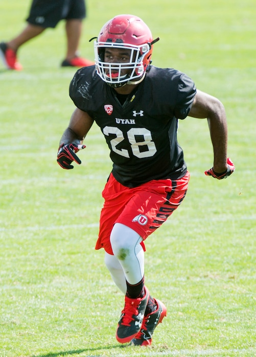 (Rick Egan  |  The Salt Lake Tribune)  University of Utah linebacker, Javelin Guidry (28), during football practice, Monday, July 31, 2017.