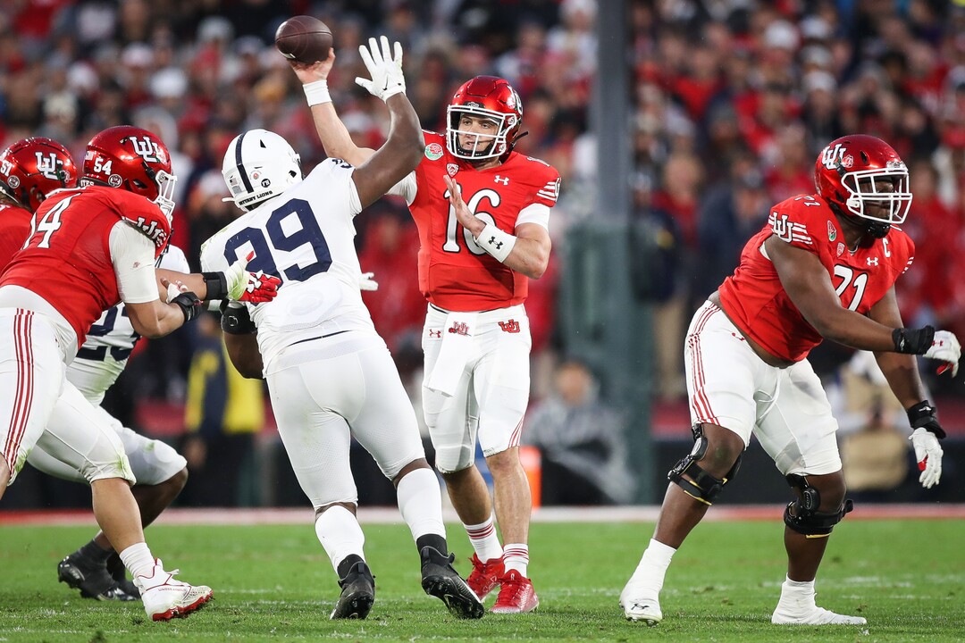 (Meg Oliphant | Special to The Tribune) Utah Quarterback Bryson Barnes (16) throws a pass against the Penn State Nittany Lions in the third quarter at Rose Bowl Stadium on Jan. 2, 2023 in Pasadena, Calif.