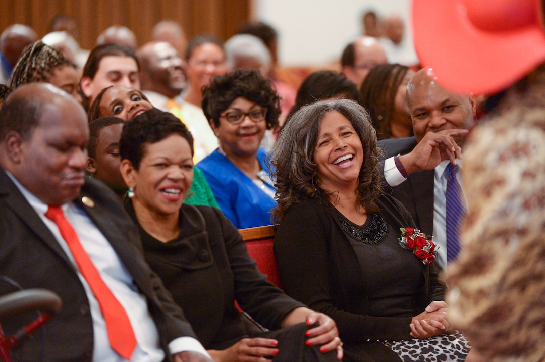 (Leah Hogsten  |  The Salt Lake Tribune) l-r Members of Calvary Baptist Church laugh with Willene Davis as she pays tribute to her husband Rev. France A. Davis during Sunday's celebration of Davis' 44th anniversary as pastor, April 22, 2018. 