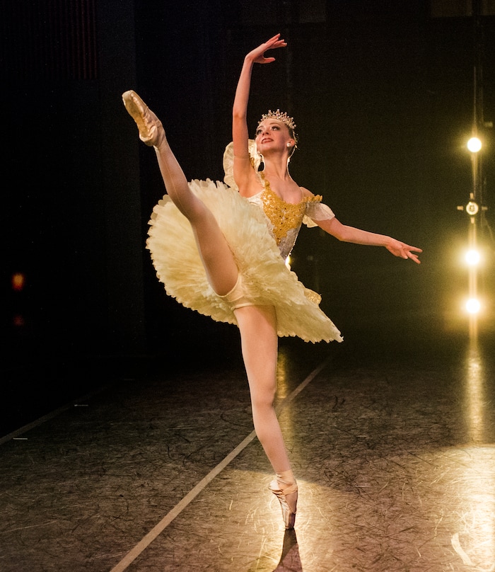 (Rick Egan  |  The Salt Lake Tribune)   Erickell Hyde, 15, performs at the 2018 Youth America Grand Prix Regional Semi-Finals at the University of Utah Marriott Center for Dance, Saturday, Feb. 17, 2018.