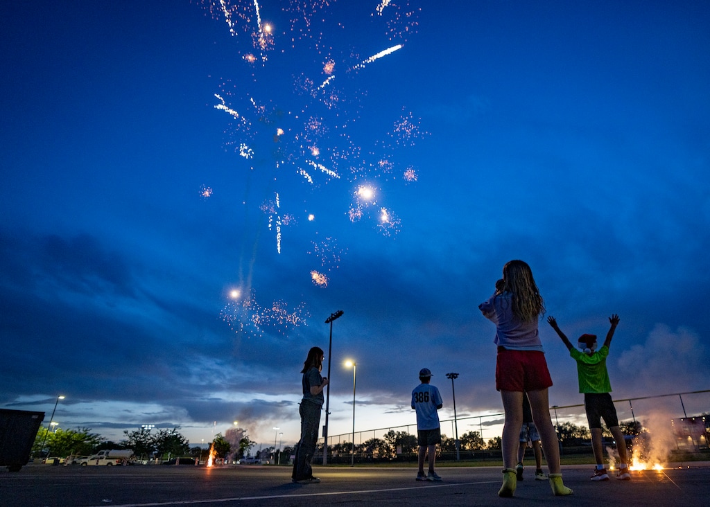 (Rick Egan | The Salt Lake Tribune) The Wolf family lights fireworks at Farmington Regional Park on Thursday, July 2, 2026, where the city allowed personal use fireworks for the Fourth of July weekend.

