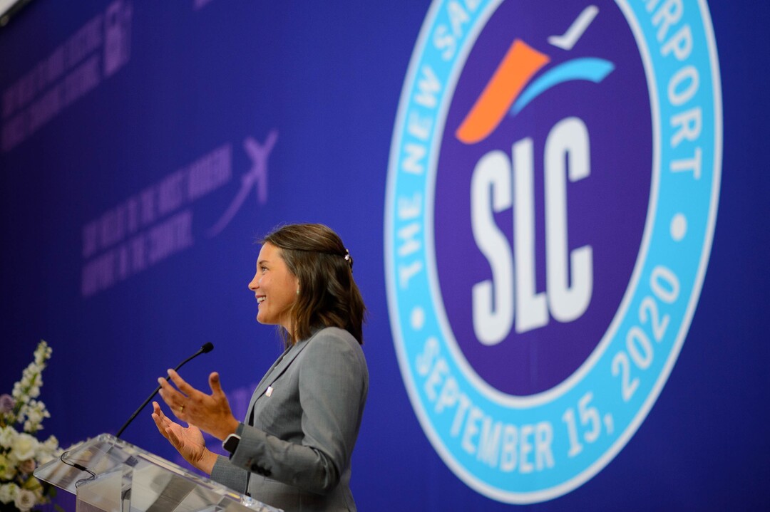 (Trent Nelson  |  The Salt Lake Tribune) Salt Lake City Mayor Erin Mendenhall at The New SLC Unveil Ceremony, where the new Salt Lake City International Airport was shown off on Thursday, Aug. 27, 2020.