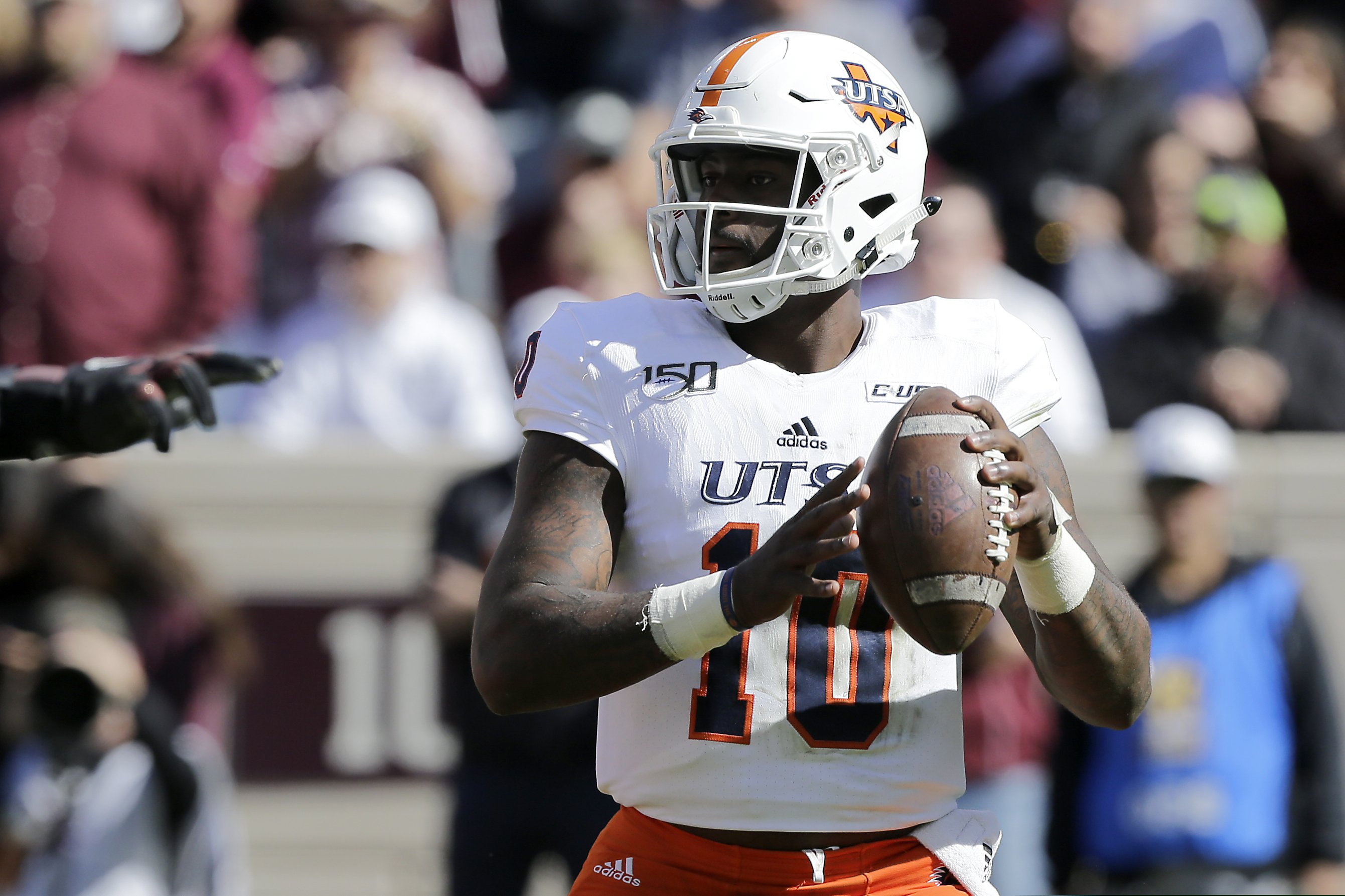 UTSA quarterback Lowell Narcisse (10) looks to pass against Texas A&M during the first half of an NCAA college football game, Saturday, Nov. 2, 2019, in College Station, Texas. (AP Photo/Sam Craft)