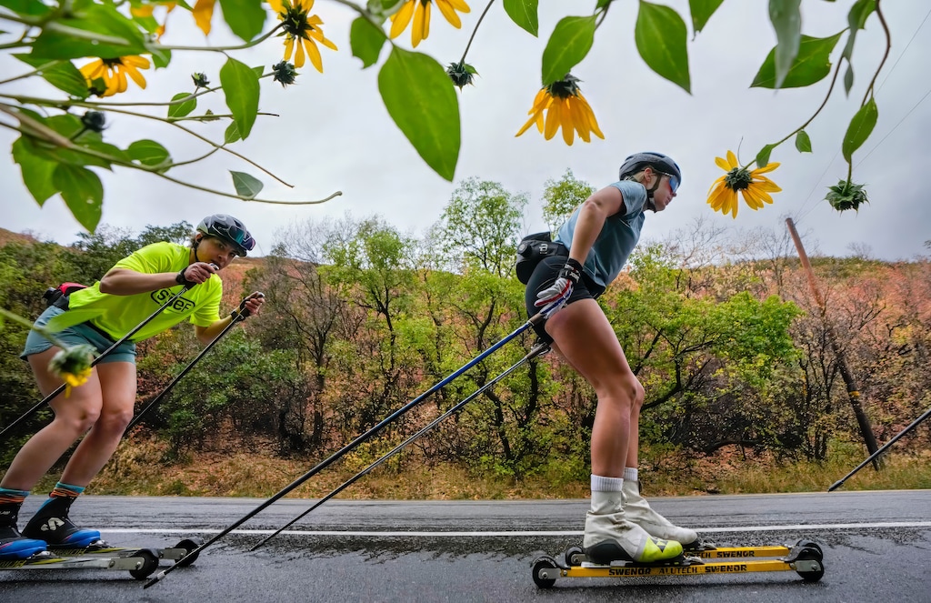 (Francisco Kjolseth | The Salt Lake Tribune) Members of the Sun Valley Ski Education Foundation train for the upcoming season in Emigration Canyon during drizzly weather on Monday, Oct. 12, 2026.
