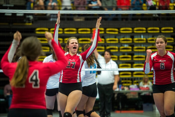 (Chris Detrick  |  The Salt Lake Tribune)  Park City's Isabella Sandston (27) Park City's Hali Lukacs (24) and Park City's Emily Smith (6) celebrate winning game one during the the 4A volleyball state championships at the UCCU Center at Utah Valley University Thursday, October 26, 2017.  