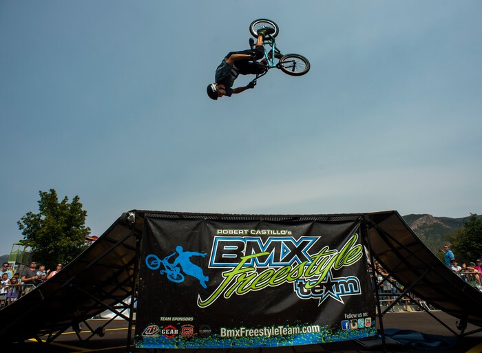 (Rick Egan  |  The Salt Lake Tribune)    Justin McCarty does a flip in the air, during the BMX Stunt Show, at the Davis County Fair in Farmington, Saturday, Aug. 18, 2018.