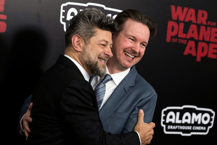 Andy Serkis, left, and director Matt Reeves attend a "War for the Planet of the Apes" screening at SVA Theatre on Monday, July 10, 2017, in New York.The Utah Film Critics Association gave Serkis the award for lead actor, male, in a meeting Dec. 17, 2017.  (Photo by Charles Sykes/Invision/AP)