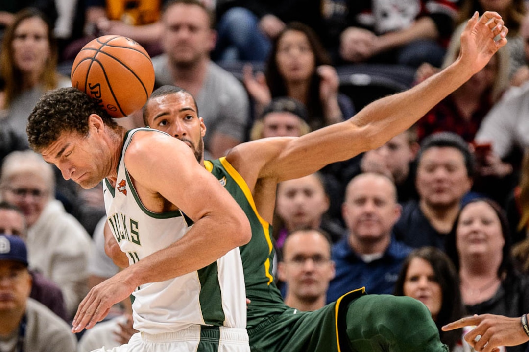 (Trent Nelson | The Salt Lake Tribune)  Milwaukee Bucks center Brook Lopez (11) blocks a shot by Utah Jazz center Rudy Gobert (27) as the Utah Jazz host the Milwaukee Bucks, NBA basketball in Salt Lake City on Saturday March 2, 2019.