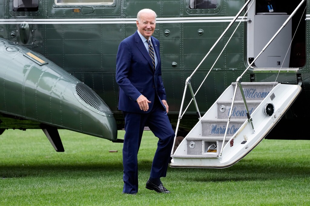 (Jacquelyn Martin | Associated Press) President Joe Biden arrives on the South Lawn of the White House in Washington, Monday, Aug. 7, 2023.
