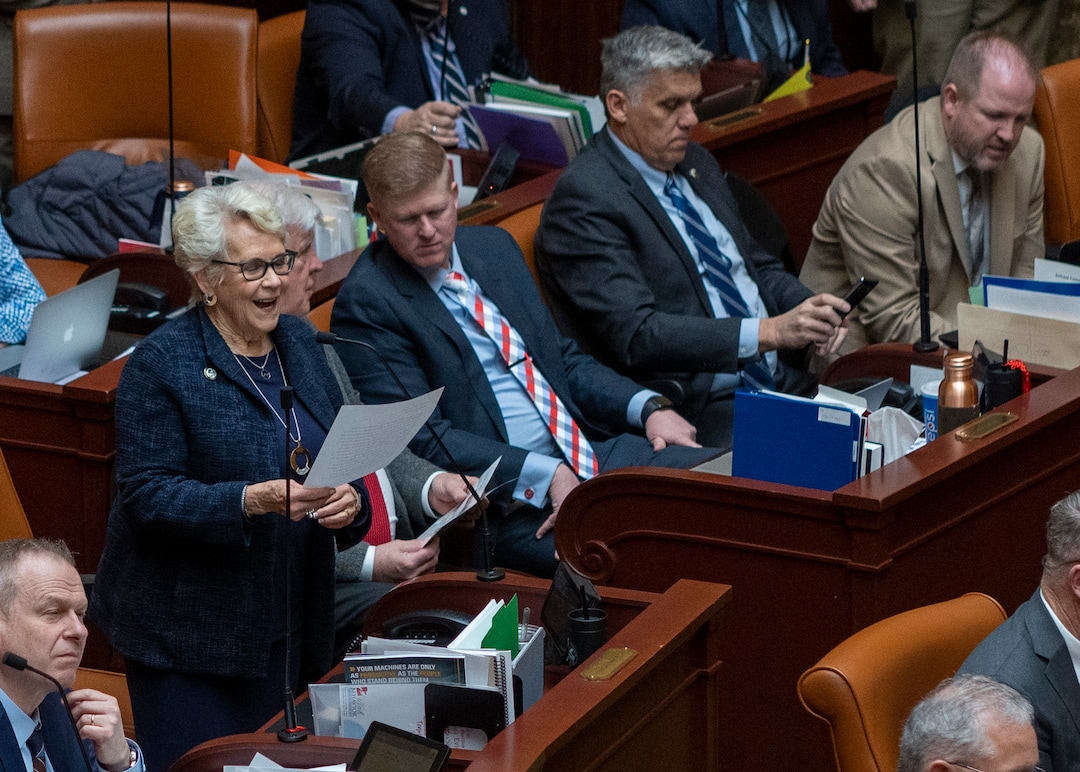(Rick Egan | The Salt Lake Tribune) Rep. Carol Spackman Moss introduces the Afghan refugees in the gallery,  during "Afghan Day on the Hill" on Wednesday, Feb. 23, 2022.