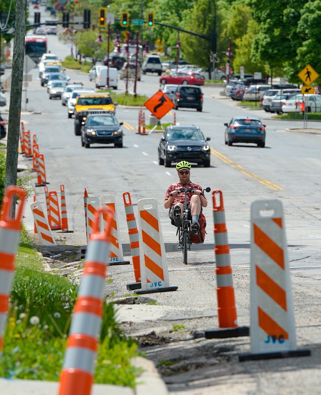 (Francisco Kjolseth  |  The Salt Lake Tribune)  Traffic moves along a sea of orange as plans to repurpose 29 parking spaces between 950 East and 1300 East on 900 South in Salt Lake City causes some frustration from business owners and residents in the area.