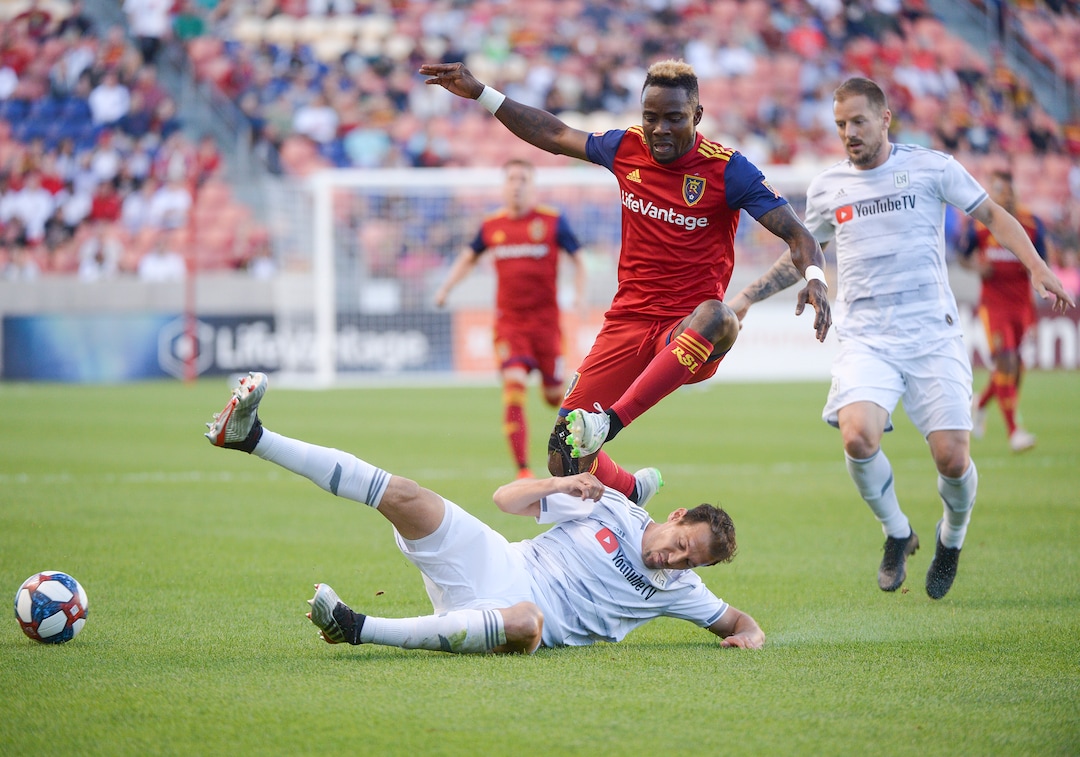(Leah Hogsten  |  The Salt Lake Tribune) Real Salt Lake forward Sam Johnson (50) flies over Los Angeles FC defender Danilo Silva (6) as Real Salt Lake hosts Los Angeles Football Club in the fourth round of the Lamar Hunt U.S. Open Cup, June 11, 2019 at Rio Tinto Stadium in Sandy.