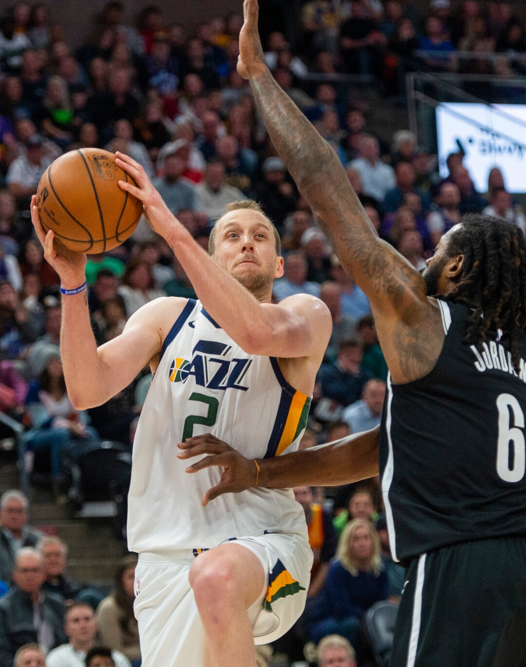(Rick Egan  |  The Salt Lake Tribune)        Utah Jazz guard Donovan Mitchell (45) takes a shot as Brooklyn Nets center DeAndre Jordan (6) defends, in NBA basketball action between the Utah Jazz and the Brooklyn Nets in Salt Lake City, Tuesday, Nov 12, 2019.