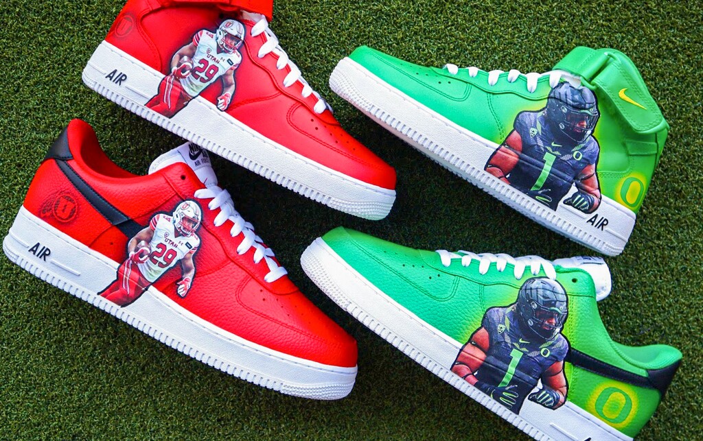 (Gabe Sewell) Gabe and Arlene Sewell had custom football jerseys and shoes made for the Pac-12 game between Utah and Oregon on Nov. 20, 2021, when two of their sons would be playing against each other. Nephi Sewell, their third oldest of five children, plays linebacker for the Utes. Noah Sewell, the youngest, plays linebacker for the Ducks.