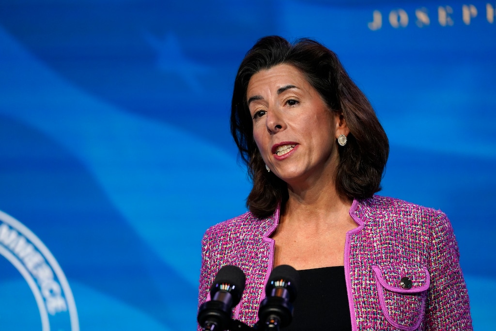 (AP Photo/Susan Walsh) Commerce Secretary Gina Raimondo warned of potentially devastating effects on the U.S. economy from a disruption in the supply of high-tech semiconductors. The White House is pushing Congress to pass legislation to boost domestic production.