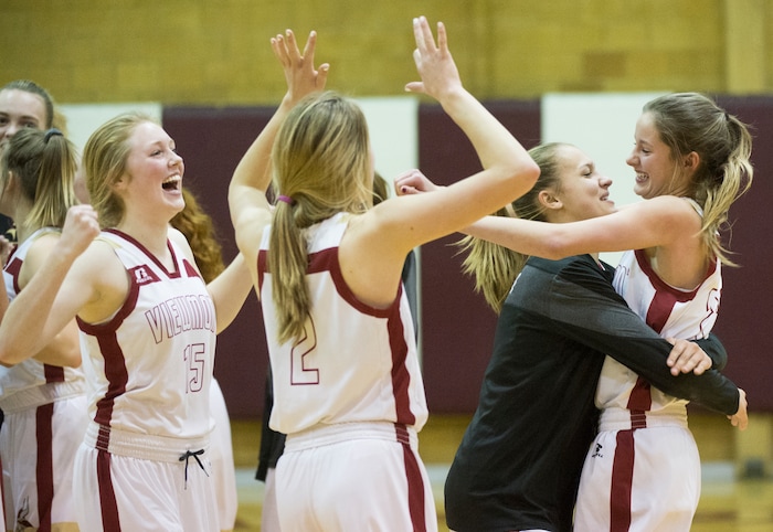 (Rick Egan  |  The Salt Lake Tribune)   Viewmont High celebrates their last second victory over Bingham, in prep basketball action in Bountiful, Wednesday, January 3, 2018.