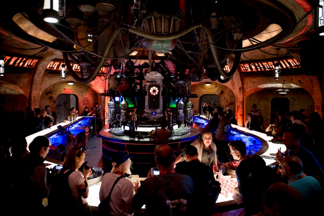 (Jeremy Harmon  |  The Salt Lake Tribune) Patrons sample drinks at Oga's Cantina at Star Wars: Galaxy's Edge in Anaheim, Ca. on Wednesday, May 29, 2019. The cantina is reminiscent of the one in the original Star Wars film from 1977.