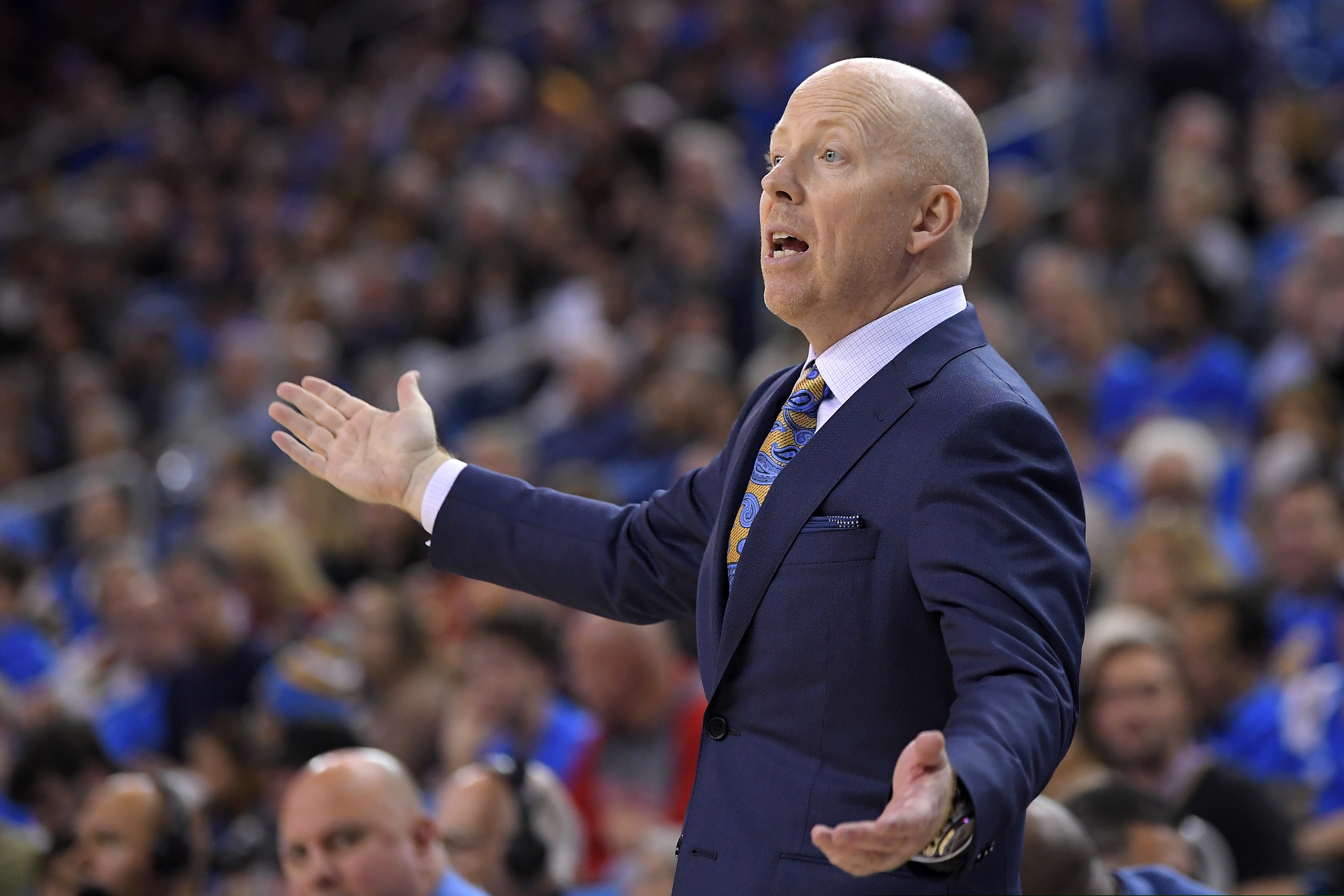 UCLA coach Mick Cronin gestures during the second half of the team's NCAA college basketball game against Southern California on Saturday, Jan. 11, 2020, in Los Angeles. USC won 74-63. (AP Photo/Mark J. Terrill)